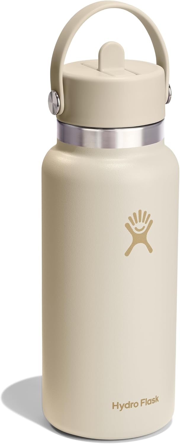 Hydro Flask Water Bottle - Insulated Stainless Steel - Wide Mouth Flex Straw Lid, Non Spill, Leakproof and Refillable in 32 Oz Coconut Cream