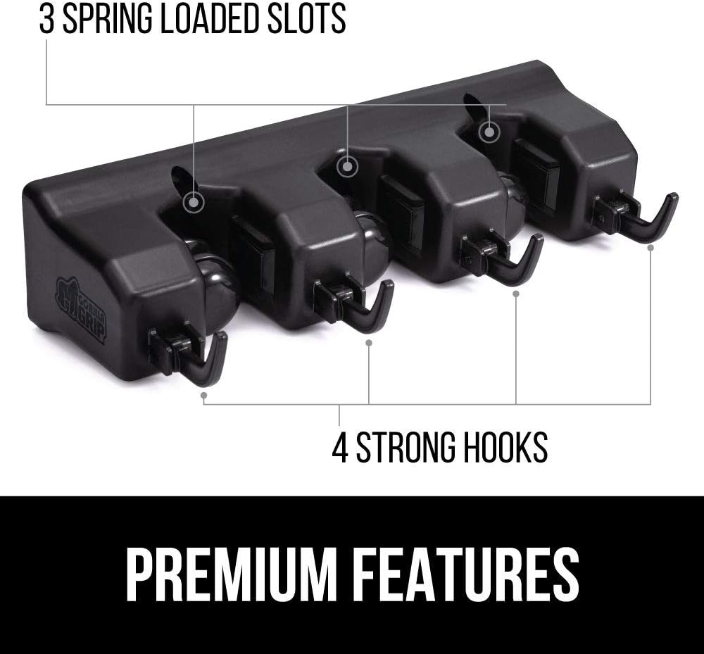 GORILLA GRIP Wall Mount Hook Fixture, Also Includes Slots to Hold Mop, Broom, Tools, Easy Install, Organize Cleaners, Tools, Home, Kitchen, Garage, 4 Hooks 3 Slots, Black