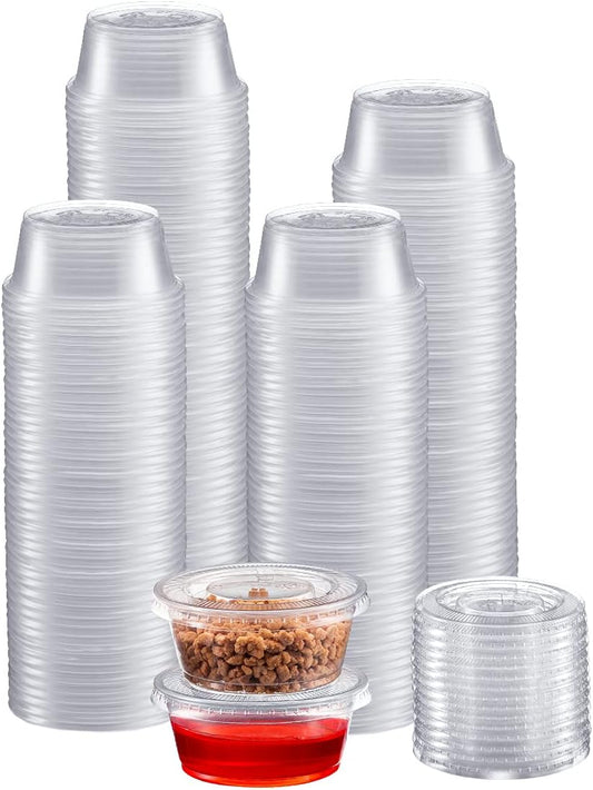 Portion Cups with Lids (2 Ounces, 200 Pack) | Disposable Plastic Cups for Meal Prep, Portion Control, Salad Dressing, Jello Shots, & Medicine | Small Plastic Condiment Container