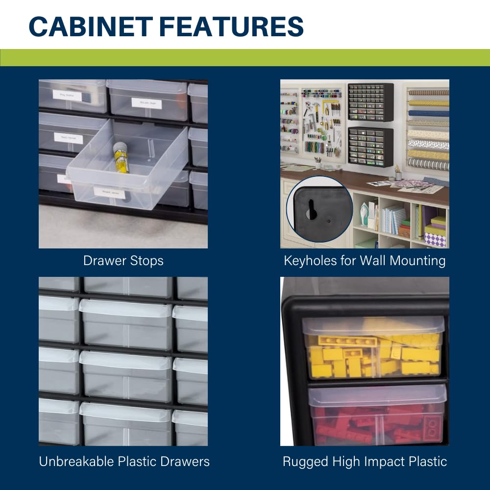 Akro-Mils 24-Drawer Plastic Storage Cabinet | 20" W x 6" D x 16" H | Black | Model 10124 | Garage Organization