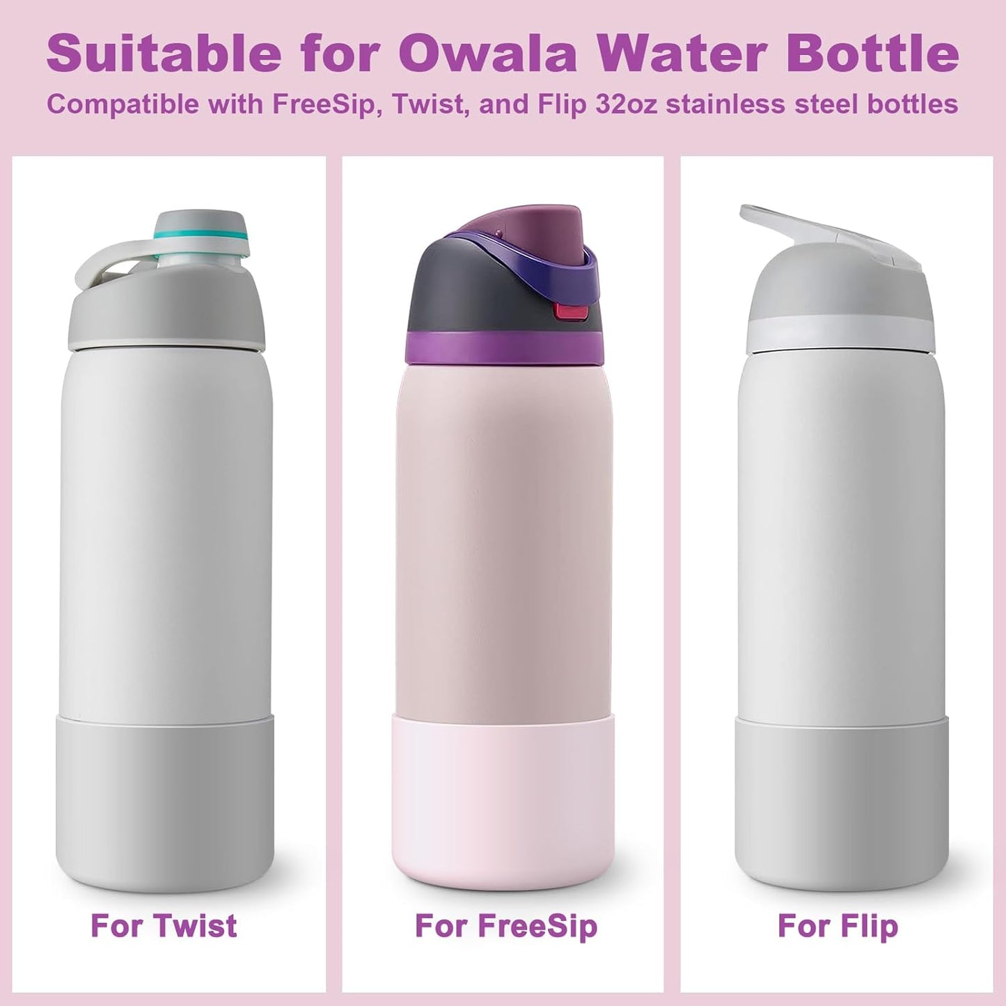 2PCS Silicone Water Bottle Boot for Owala 24oz 32oz 40oz, Protective Bottom Bumper Anti-Slip Sleeve for FreeSip, Twist, and Flip Stainless Steel Bottles, Dishwasher Safe and BPA Free