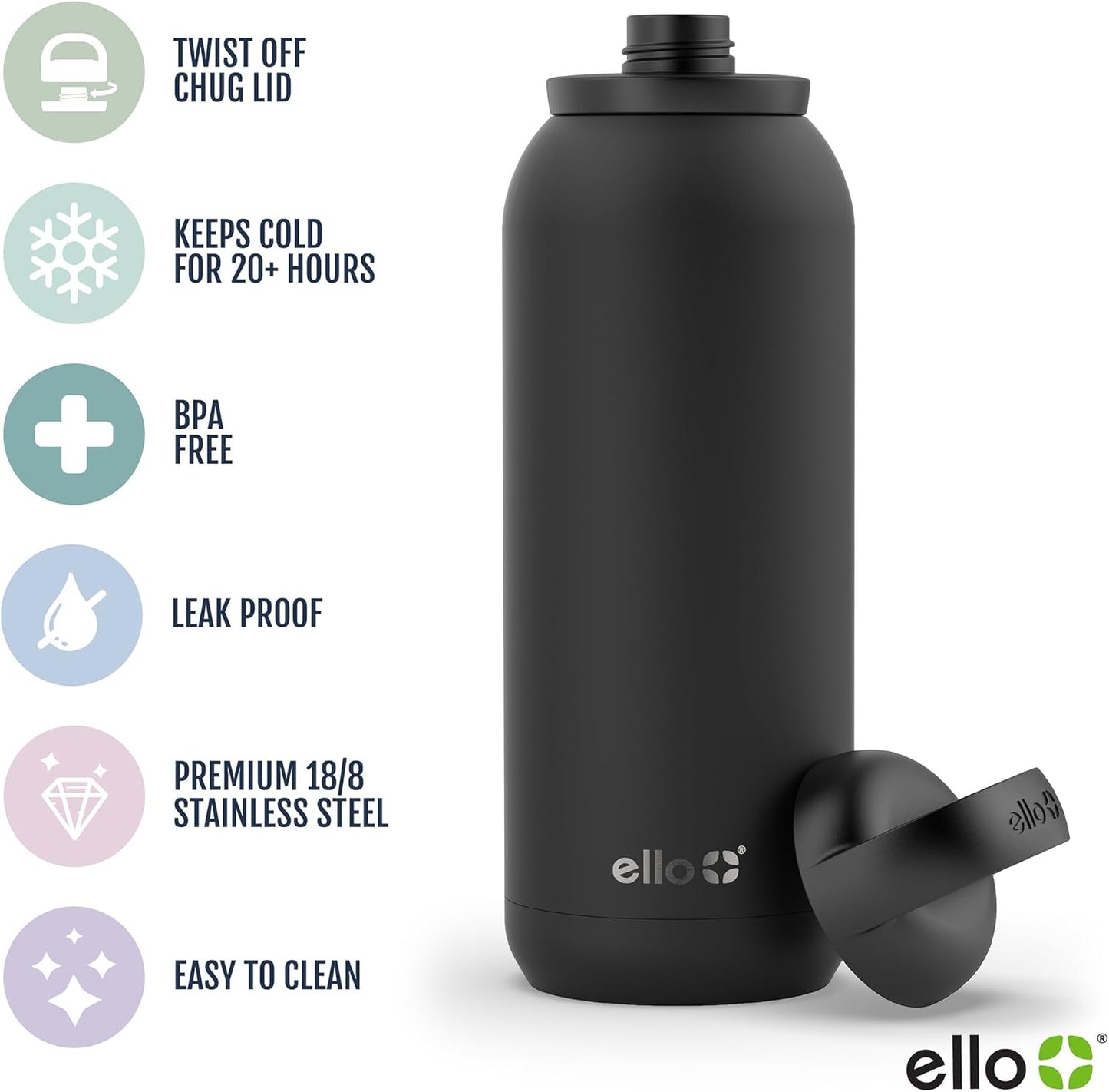 Ello Cooper Twist 40oz Stainless Steel Water Bottle with Chug Lid | Leak Proof | Double Walled and Vacuum Insulated | Built in Carry Loop | Dishwasher Safe | White Marble