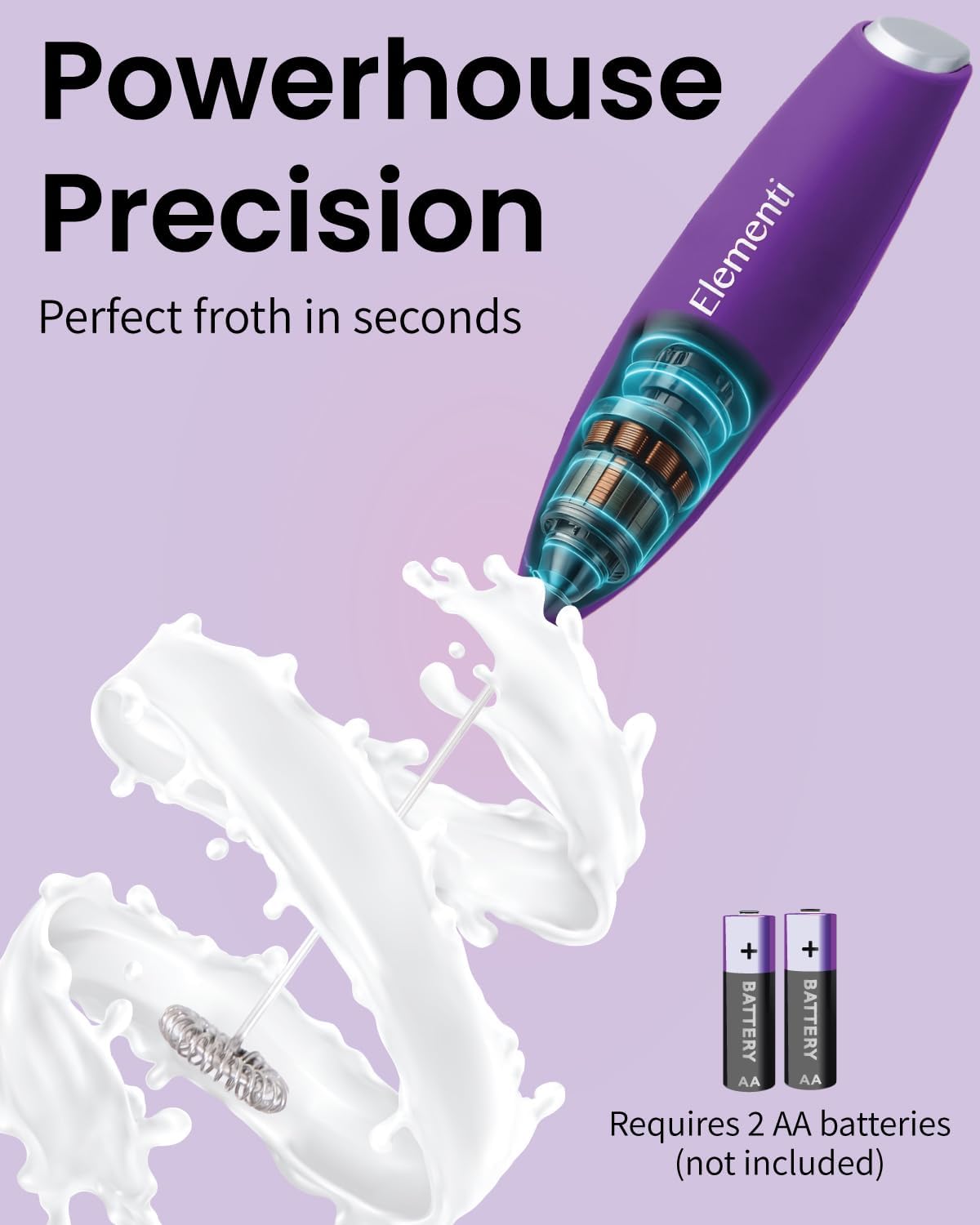 Elementi Milk Frother Wand & Drink Mixer - High Powered Hand Blender, Handheld Coffee Mixer Wand with Stand - Milk Foamer to Make Perfect Cappuccino Lattes & Hot Chocolate at Home (Purple)