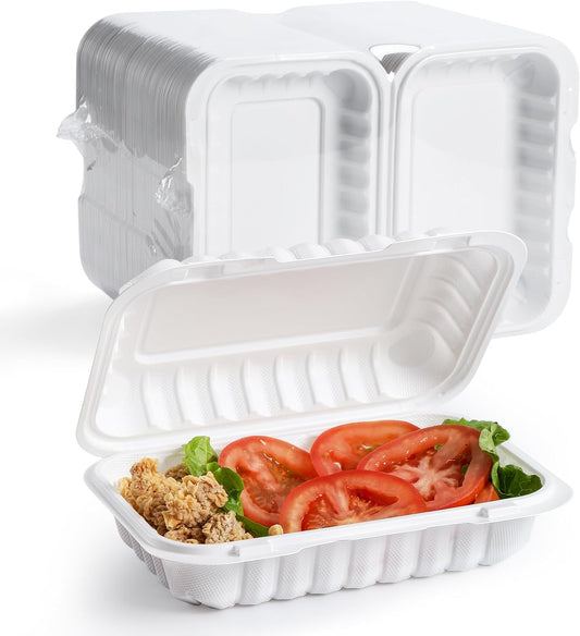 YANGRUI Food Containers 9x6 Inch 28 oz 50 Pack - Shrink Wrap Mineral-Filled BPA Free PP Plastic | Reusable Heavy Duty Freezer & Microwave Safe | Restaurant Grade White Clamshell Takeout Container