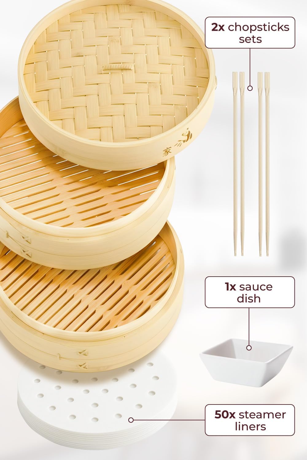 Prime Home Direct Bamboo Steamer Basket 10-Inch | 2-Tier Steamer for Cooking | 50 Liners, Chopsticks, Sauce Dish | Steaming Asian Food, Bao Buns, Chinese, Dim Sum, Dumpling, Rice, Vegetable Steam Pot