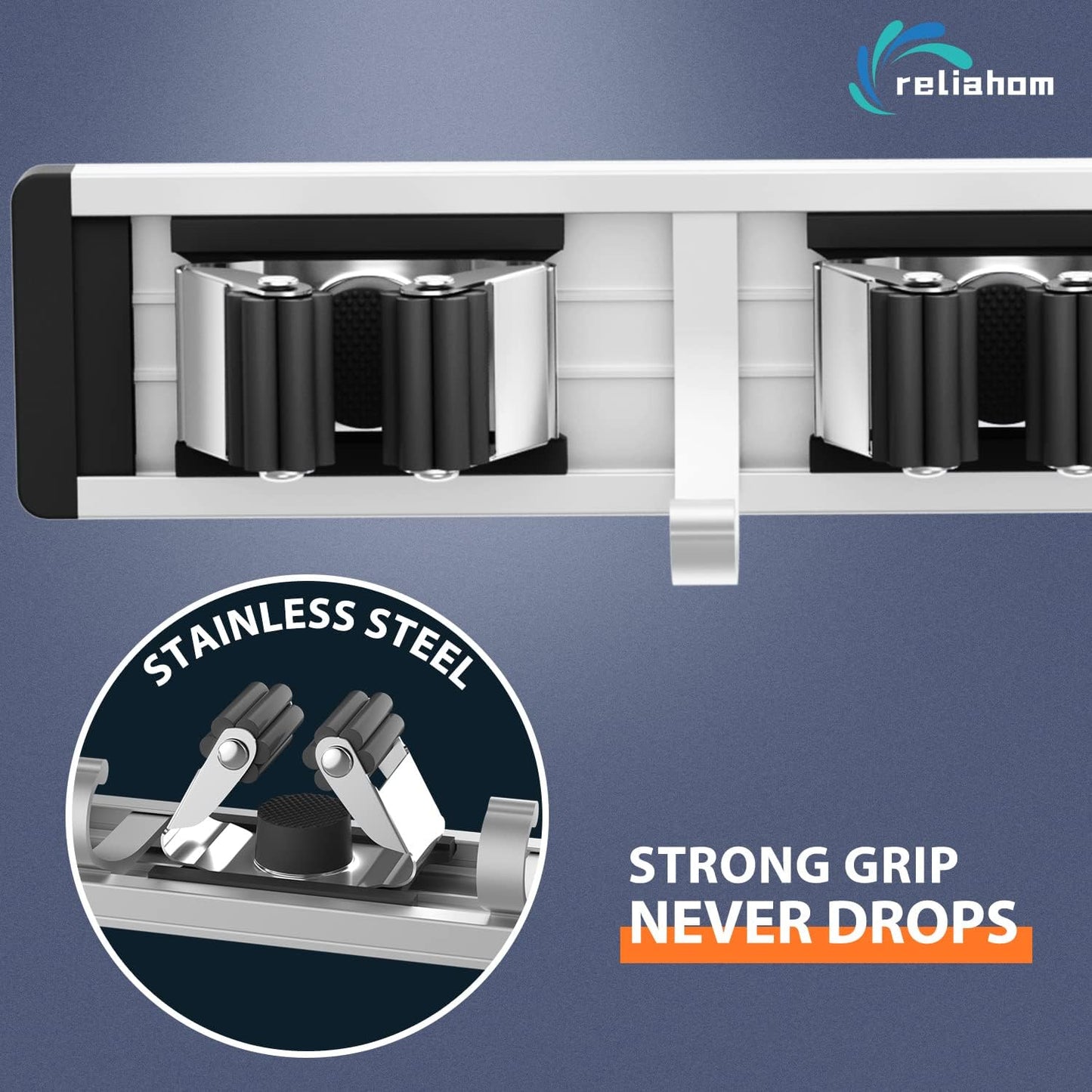 reliahom Broom Holder Wall Mount Mop and Broom Hanger Wall Mounted Garage Storage Rack Kitchen Garden Tool Organizer (5 Racks with 4 Hooks, Black)