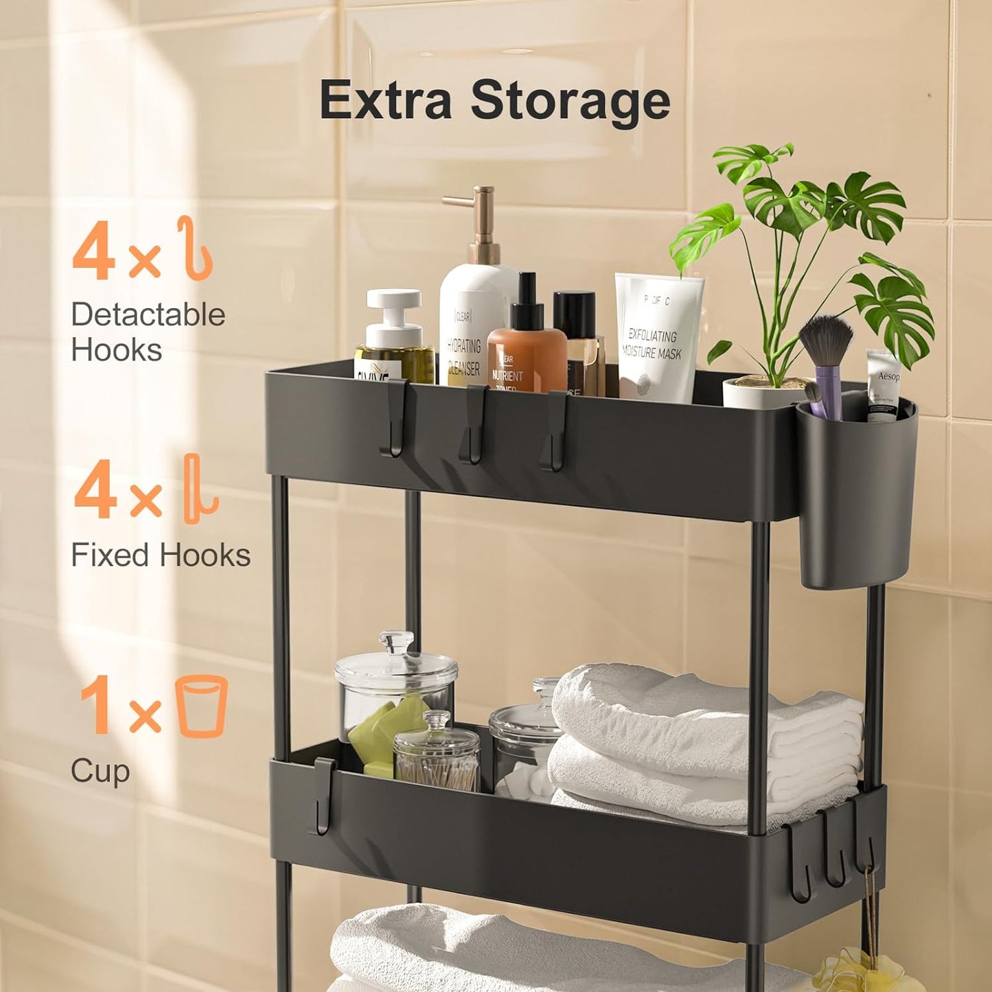 Pipishell Slim Storage Cart with Wheels - Bathroom Cart Organizer Storage, 4Tier Rolling Carts for Bathroom, Laundry Room, Kitchen, Narrow Space, Black PIUC05