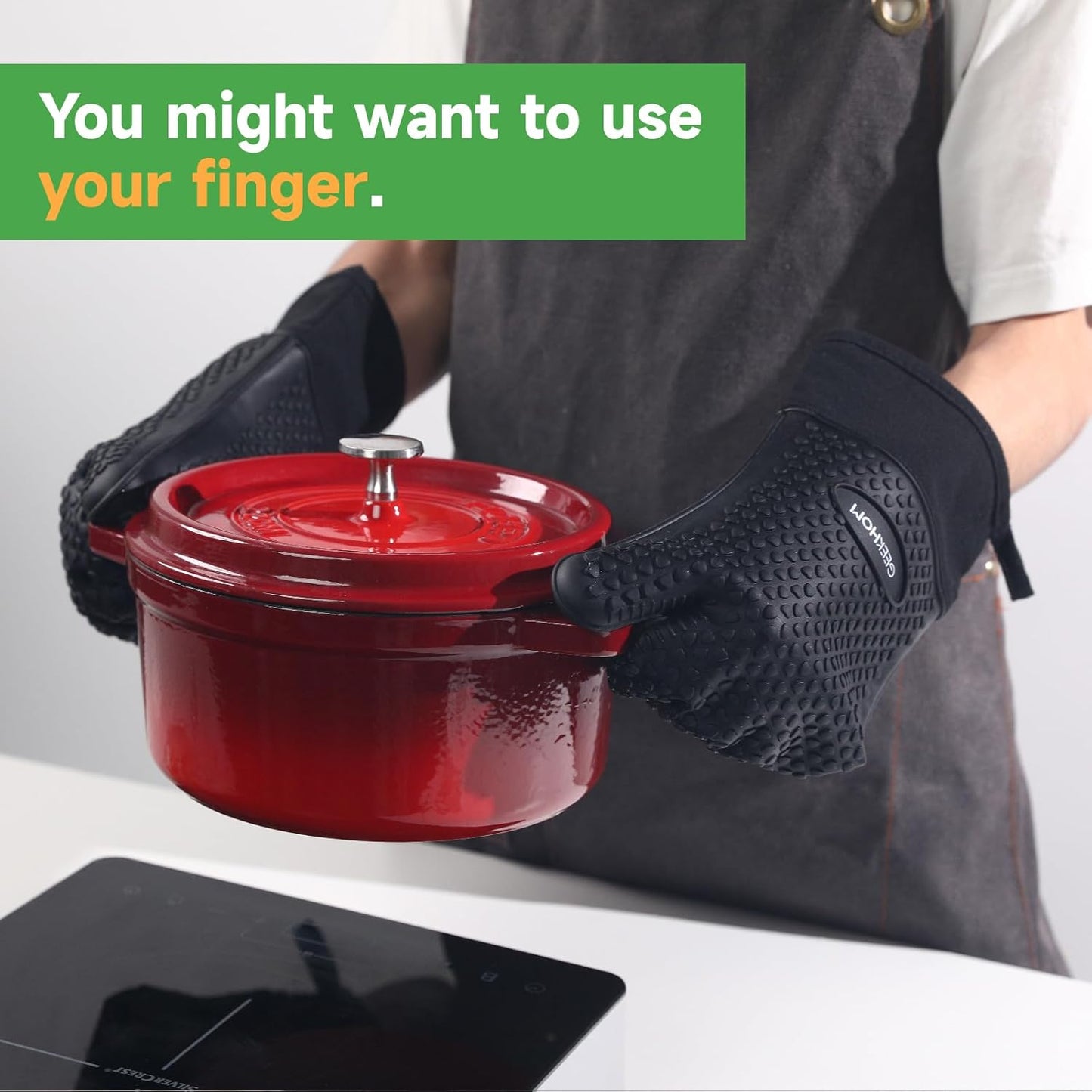 GEEKHOM Silicone Oven Gloves Heat Resistant BBQ Gloves with Cotton Lining for Kitchen Cooking, Baking & Grill Accessories, Waterproof Non-Slip Grill Mitts for Men Women, Dishwasher Safe