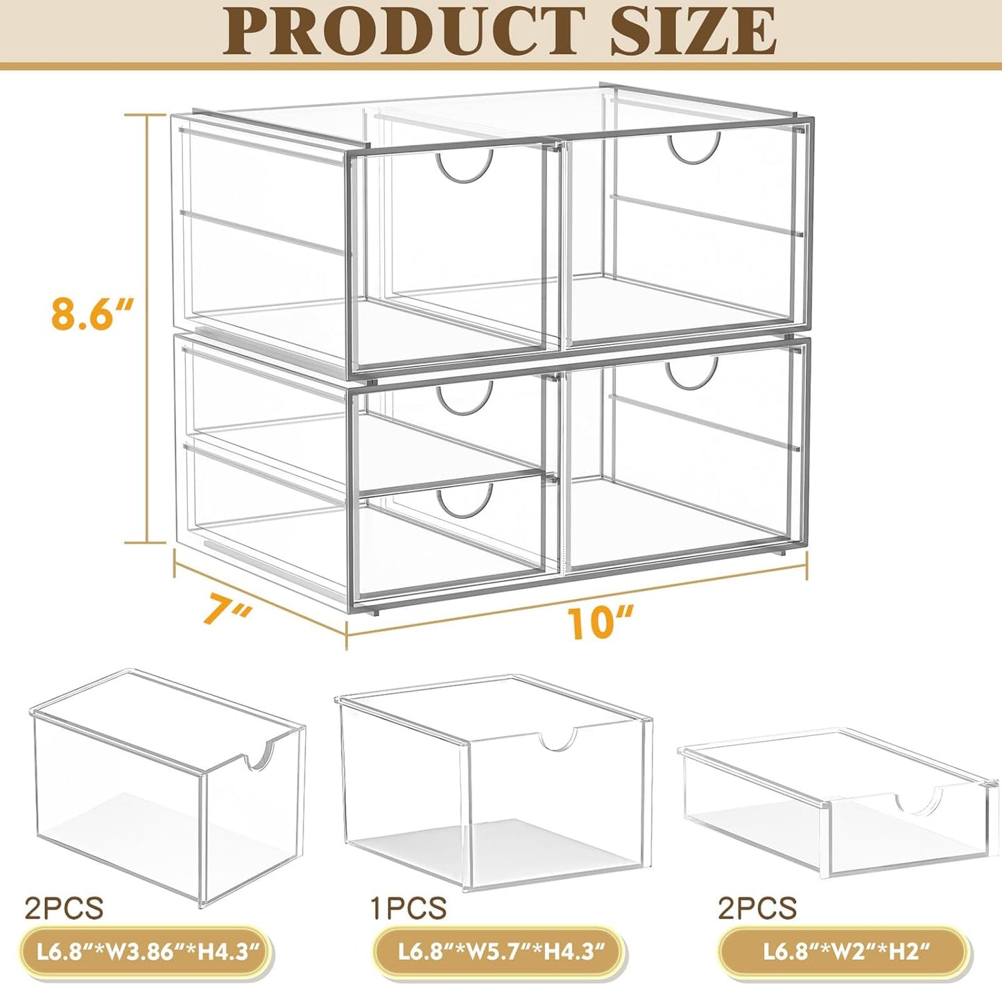 Arcylic Makeup Organzier with 5 Drawers, Clear Stackable Storage Drawers, Bathroom Countert Organizer,Plastic Storage Bins For Vanity, Cabinets, Pantry, Home Organization and Storage