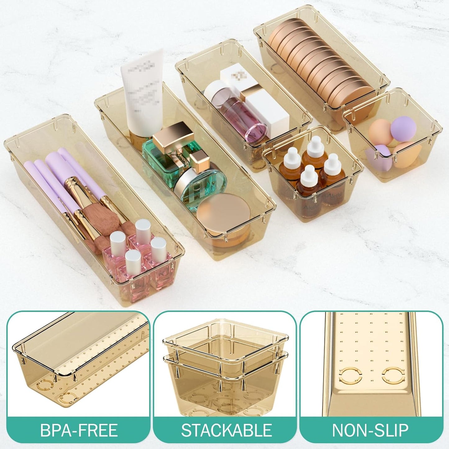 WOWBOX 6 Pack Clear Drawer Organizer Set, Acrylic Drawer Storage Trays, Storage Bins for Makeup, Cosmetics, Jewelries, Utensils, Gadgets, Office, Champagne
