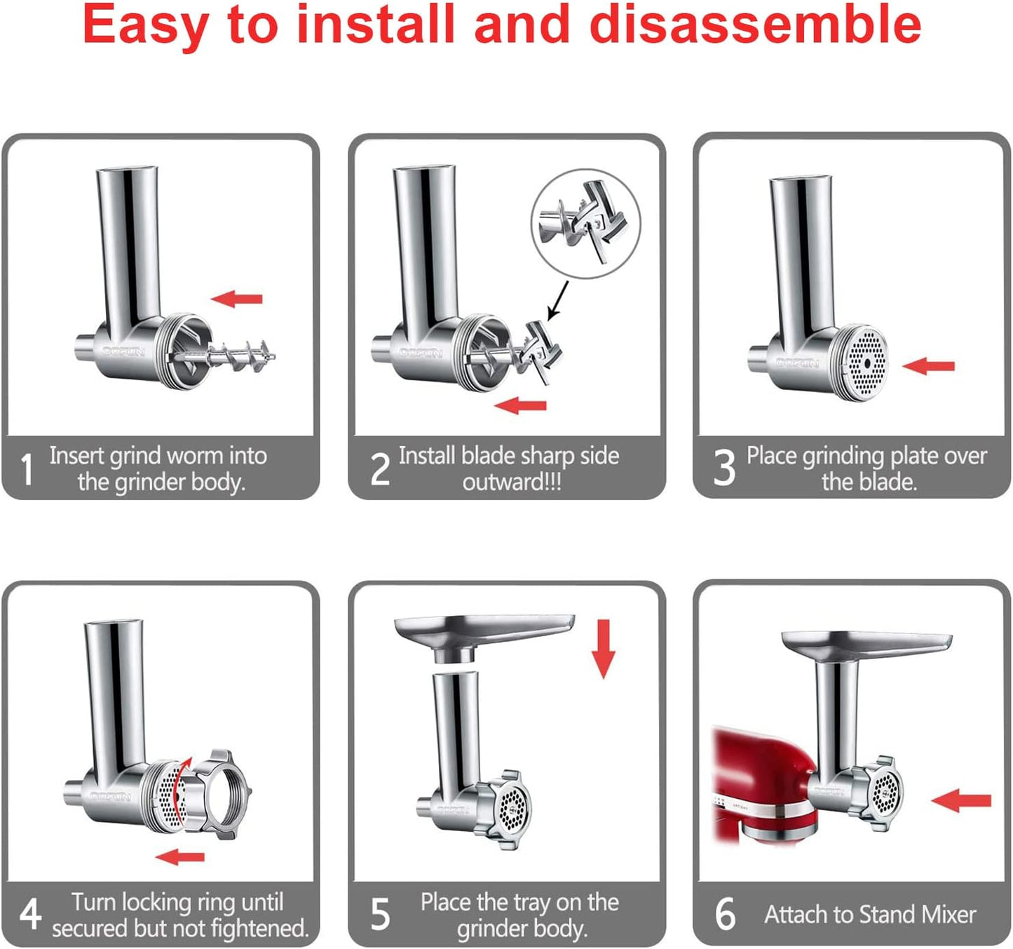 Metal Meat Grinder Attachment for KitchenAid Stand Mixers, Food Grinder Attachment Includes 4 Grinding Plates, 3 Sausage Stuffer Tubes, 2 Grinding Blades, Grinder and Sausage Stuffer by COFUN