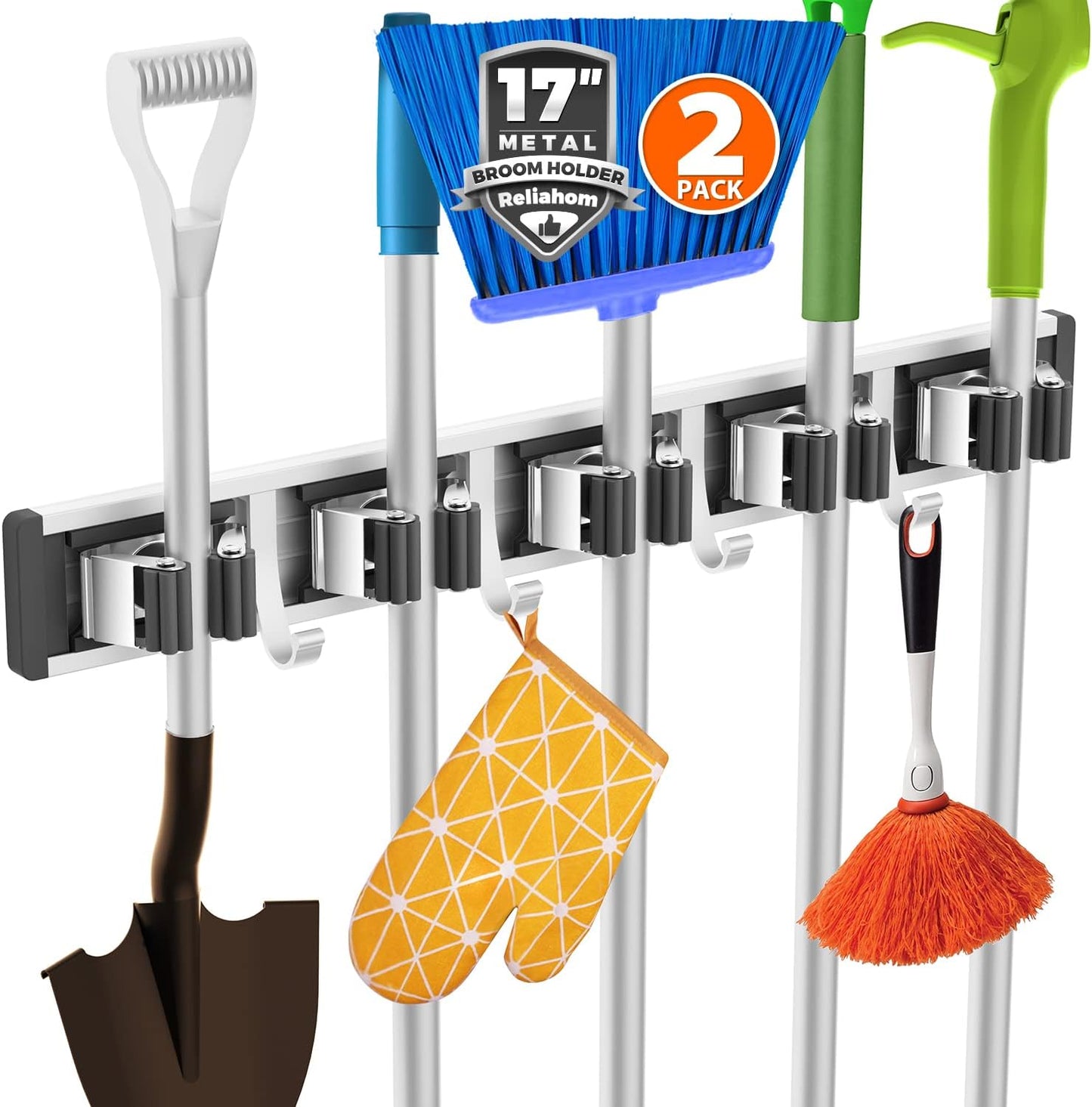 reliahom 2 Pack Broom Holder Wall Mount Mop and Broom Hanger Wall Mounted Garage Storage Rack Kitchen Garden Tool Organizer (5 Racks with 4 Hooks, Black)