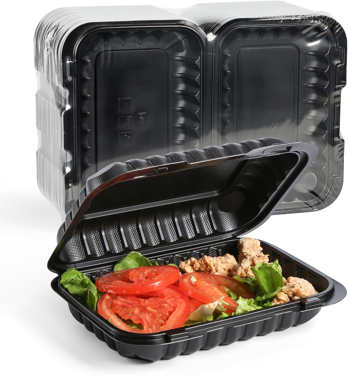 YANGRUI Takeout Containers 9x6 28 oz 50 Pack - Shrink Wrapped Mineral-Filled BPA Free PP Plastic | Reusable Heavy Duty Microwave & Freezer Safe | Restaurant Grade Black Clamshell Food Container