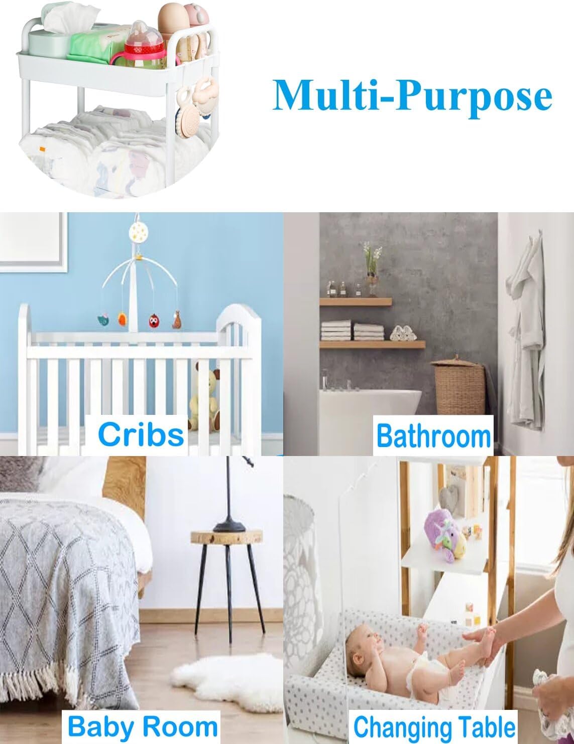 Diaper Caddy Organizer, 3-Tier Movable Diaper Cart with Wheels, Newborn Essentials Must Haves, Diaper Caddy for Wipes & Diapers, Baby Registry Search - Plastic White