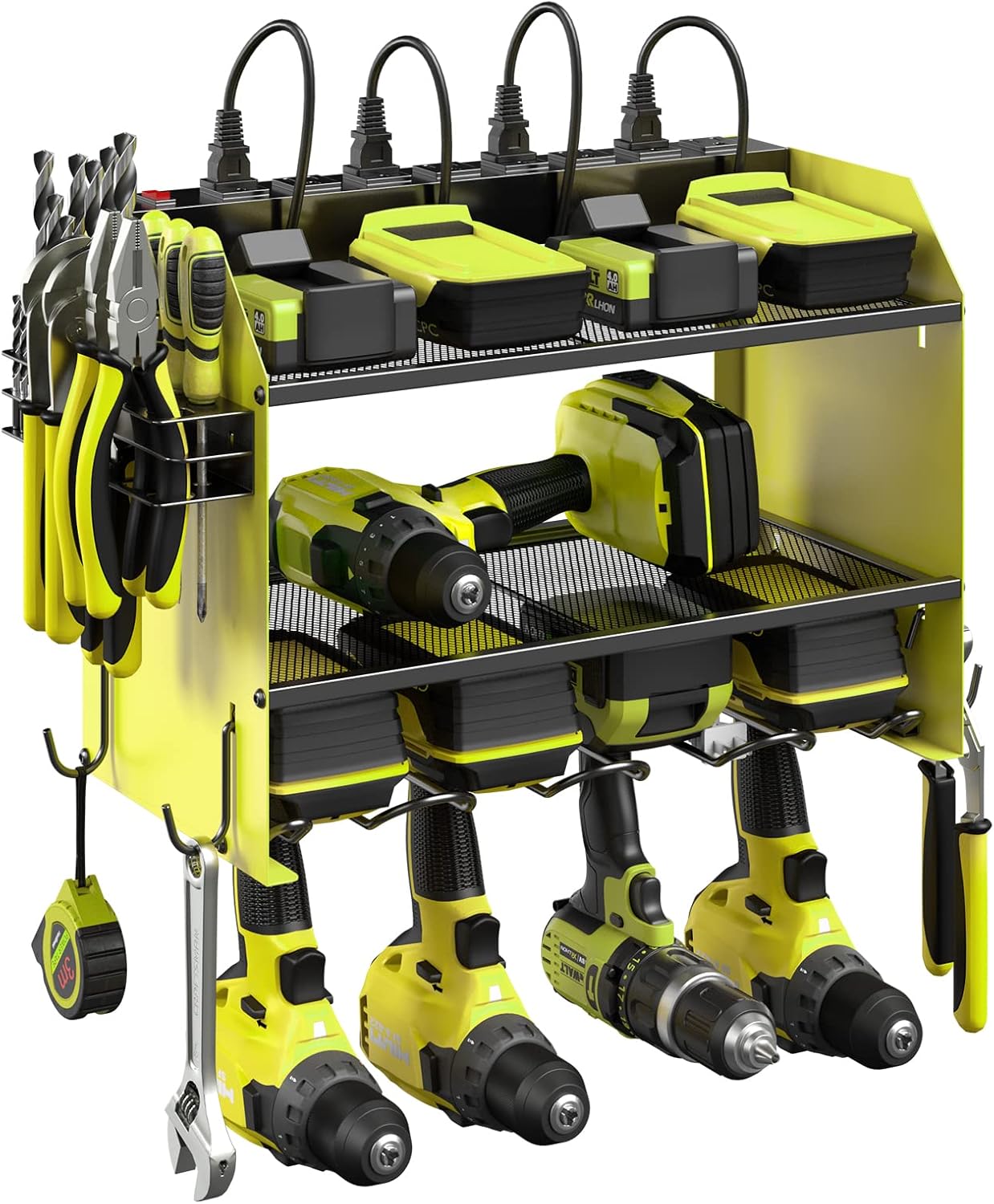 CCCEI Modular Power Tool Organizer Wall Mount with Charging Station. Garage Drill Storage Shelf with Hooks, Heavy Duty Rack, Tool Battery Holder Built in 8 Outlet. Gift for Men. Green, 2 Pack.