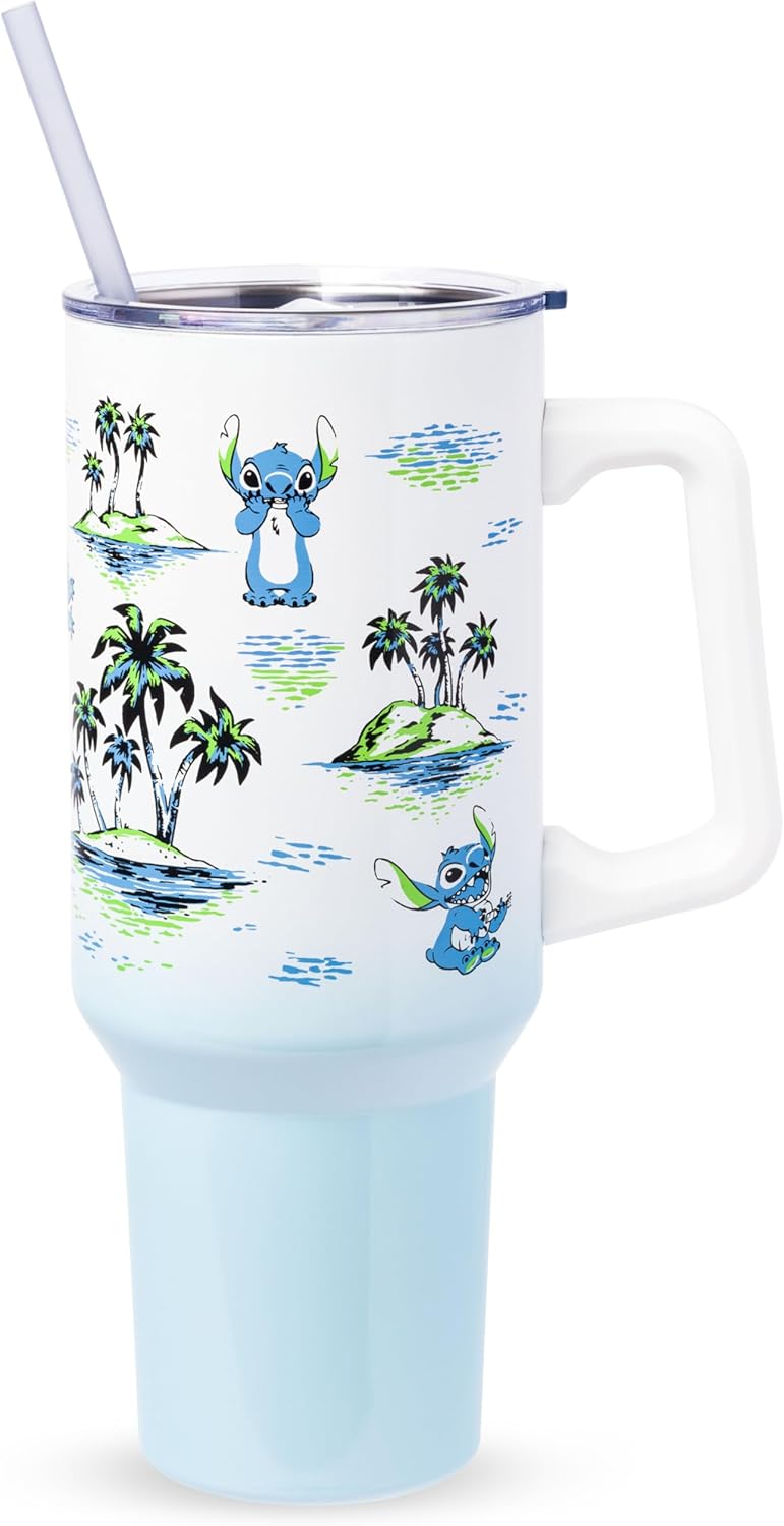 Silver Buffalo Disney Lilo and Stitch Vintage Sketch Palm Trees and Flowers Stainless Steel Tumbler with Handle and Straw, Fits in Standard Cup Holder, 40 Ounces