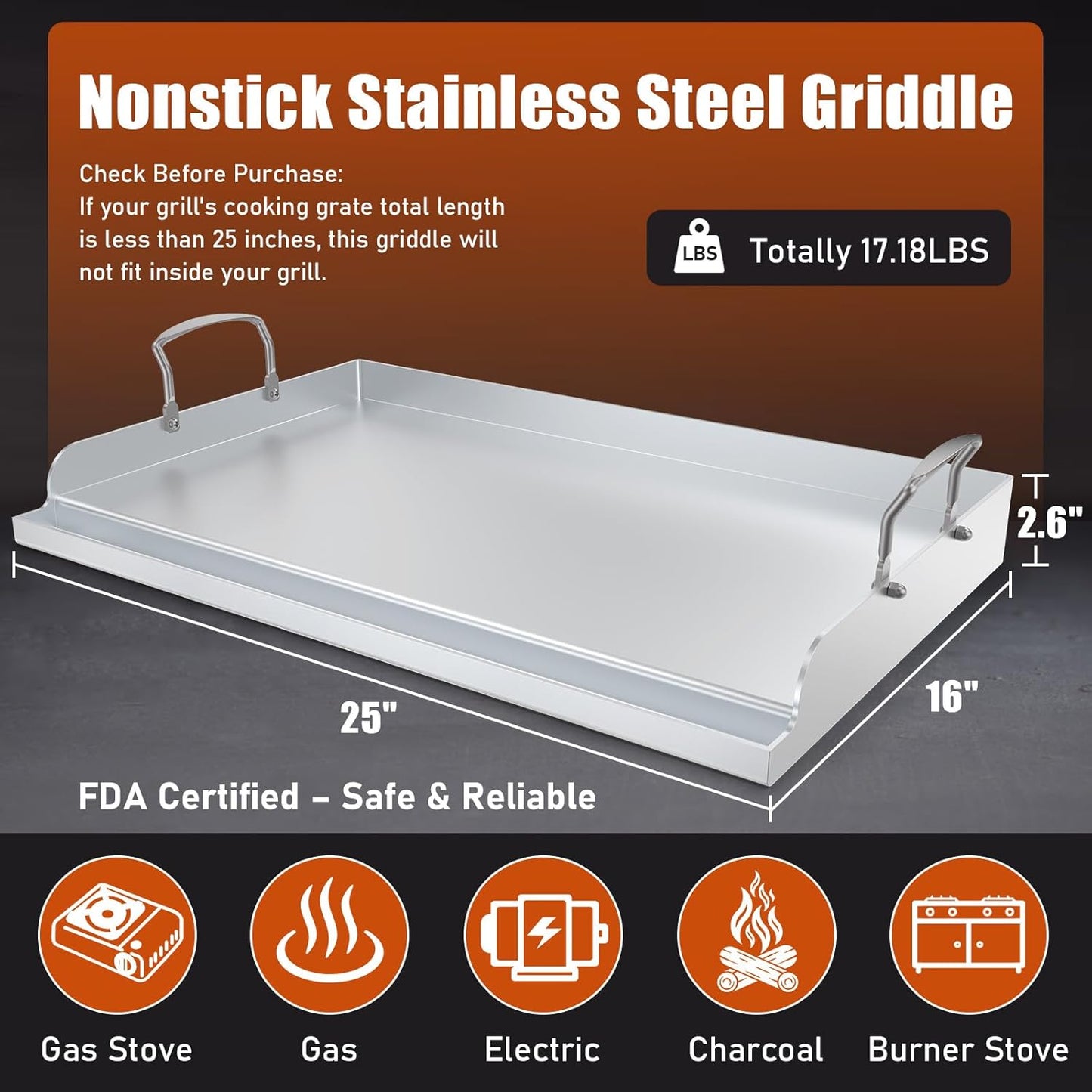 Nonstick Stainless Steel Griddle for Gas Grill Nanoceramic Universal Griddle for Gas Stove Top 25" x 16" Flat Top Plate Cooking Skillet Pan Teppanyaki Camping Outdoor Tailgating Plancha Para Cocinar