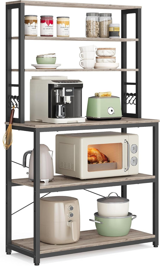 VASAGLE Coffee Bar, 31.5 Inches Baker's Rack for Kitchen with Storage, 6-Tier Kitchen Shelves with 6 Hooks, Microwave Stand, Industrial, Greige and Black UKKS019B02
