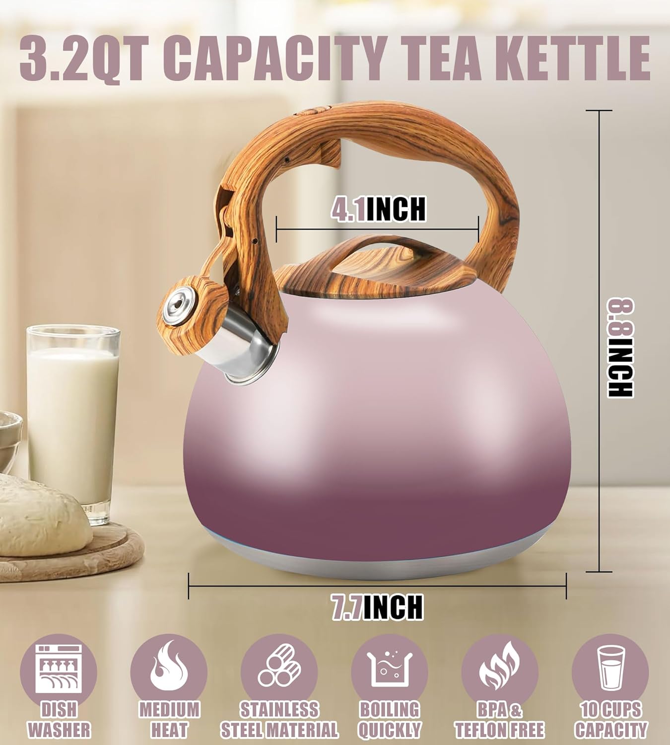 Tea Kettle for Stove Top, 3.2QT Whistling Tea Pots with Wood Parttern Handle, Stainless Steel Teapot for Home and Kitchen (Purple Gradient)