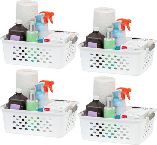 IRIS USA Plastic Basket, 4-Pack, Medium, Shelves Storage Basket for Organizing Pantry, Office, Craft Room, Cabinet, Bedroom, Closet, Laundry Room, White