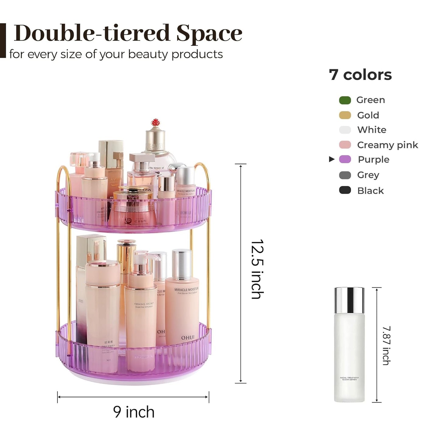 Aveniee Rotating Makeup Organizer for Vanity, Perfume Skincare Organizers Spinning, 2 Tier Bathroom Countertop Storage, Cosmetics Lipstick Holder for Counter Dresser,Purple