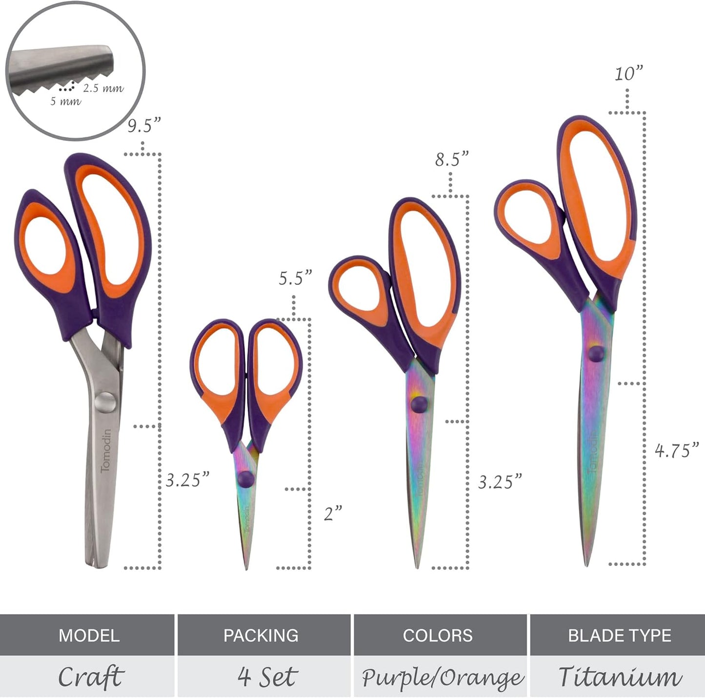 BambooMN Titanium Softgrip Scissors Set - Pinking, Sewing, Arts, Crafts, Office - 1 Set of 4 - Purple w/Orange