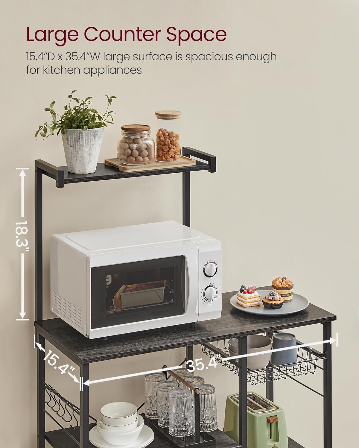 VASAGLE Baker's Rack, Microwave Stand, Kitchen Storage Rack with Wire Basket, 6 Hooks, and Shelves, for Spices, Pots, and Pans, Charcoal Gray and Ink Black UKKS035B04