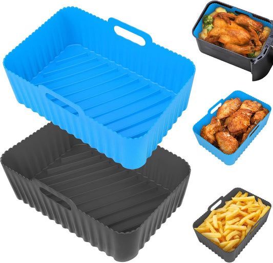 Silicone Air Fryer Liners Rectangle 2 Pack 8.0 Inch Airfryer Liners 8-10 QT Dual Air Fryer Liners Reusable Pot Oven Liner Baking Tray, Air Fryer Basket Silicone Mat Bowl Air Fryer Accessories Kitchen