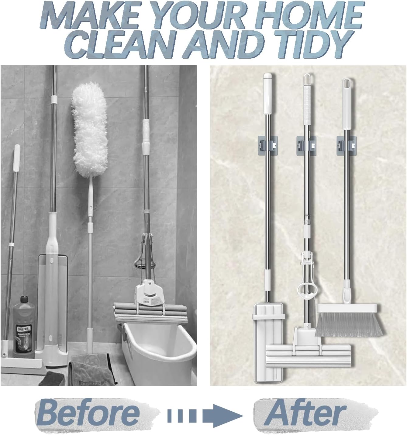 3-H 40-Pack Self Adhesive Broom Holder Wall Mount - Heavy Duty No Drill Broom Organizer for Garage Closet Kitchen, Plastic Storage Rack for Brooms Mops Tools, Grey