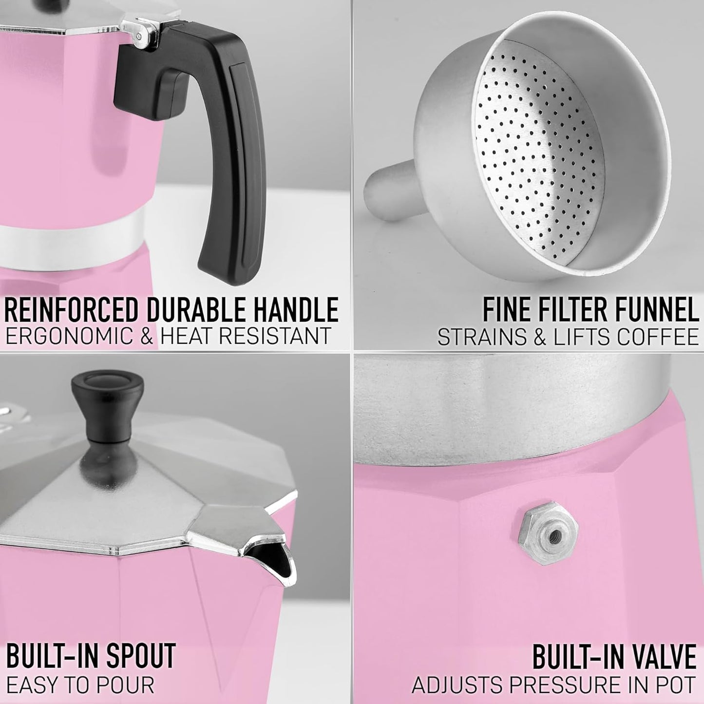 Zulay Moka Pot Espresso Stovetop Coffee Maker - Leak-Proof, Stainless Steel, Easy to Clean, Heat Resistant Handle & Knob - for Authentic Cuban & Italian Style Espresso - Makes 3 Espresso Cups - Pink