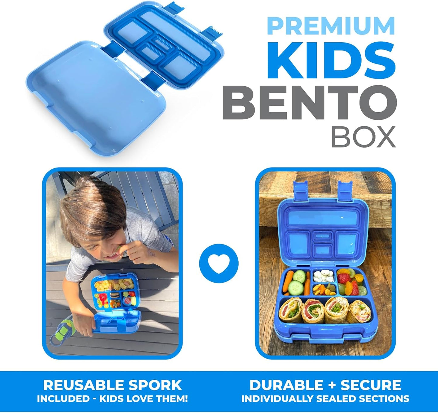 kinsho Bento Lunch Box for Kids Toddlers Boys, 5 Portion Sections Secure Lid, Microwave Safe BPA Free Removable Tray, Pre-School Kid Daycare Lunches Snack Container Ages 3 to 5, Blue