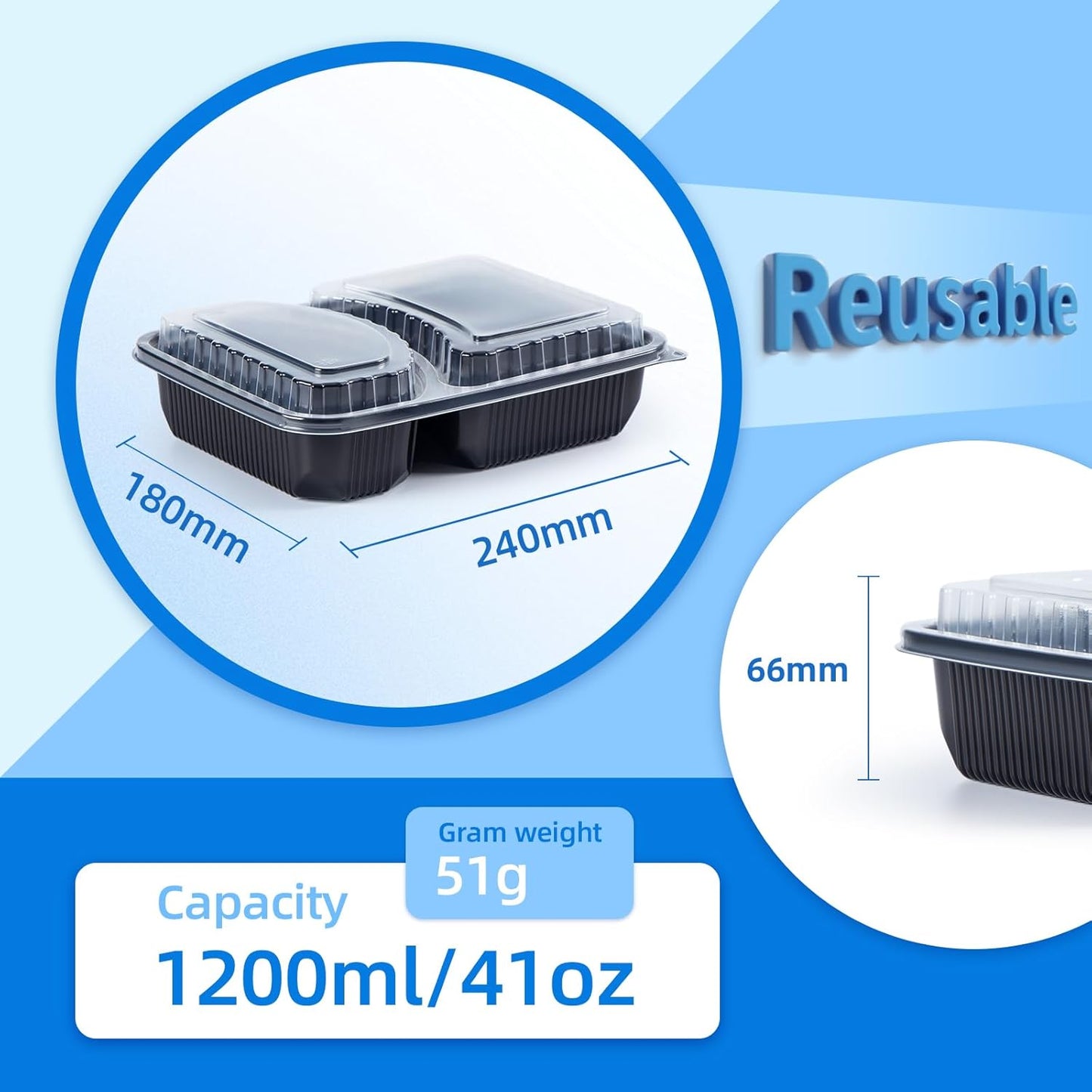 YANGRUI Takeout Containers with Lid 40 Pack 41 oz - Shrink Wrap 2 Compartment Leakproof | Reusable BPA Free Flexible Pure PP Plastic Food Container | Microwave & Dishwasher Safe Restaurant Lunch Boxes