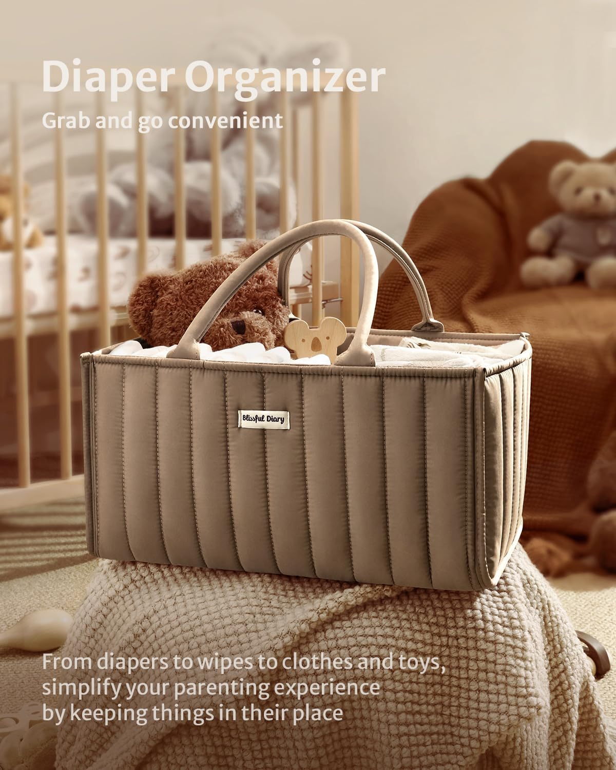 Blissful Diary Baby Diaper Caddy Organizer, Stylish Storage Basket for Newborn Essentials and Diaper Station, Gift for Baby Shower and Registry Must-Have, Mocha Brown