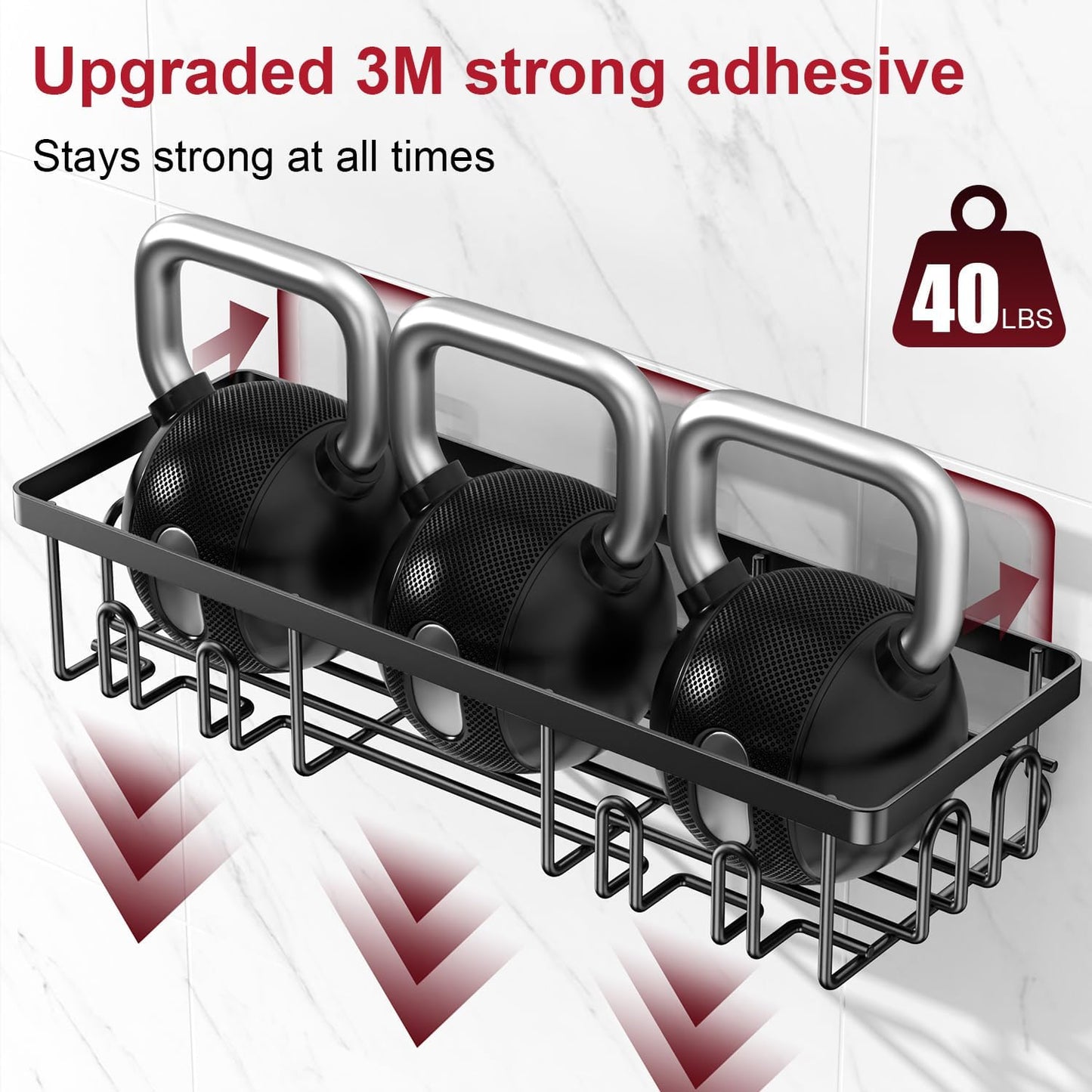 Adhesive Shower Caddy, Shower Shelves with 16 Hooks, Rustproof Shelf Wall Corner Racks for Inside Bath, No Drilling & Sleek Bathroom Organizers and Storage Caddies Soap Holder, 2 Pack