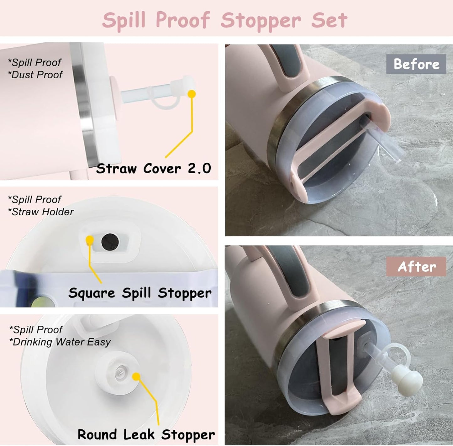 Stanley Cup Accessories Set,Including 2 Pcs 0.4in Straw Cover, 1 Silicone Spill-Proof Stopper Set of 3, 1 Cute Butterfly Handle Charm, 1 Silicone Boot Fits Stanley 40&30 Oz Tumbler (Rose Quartz)