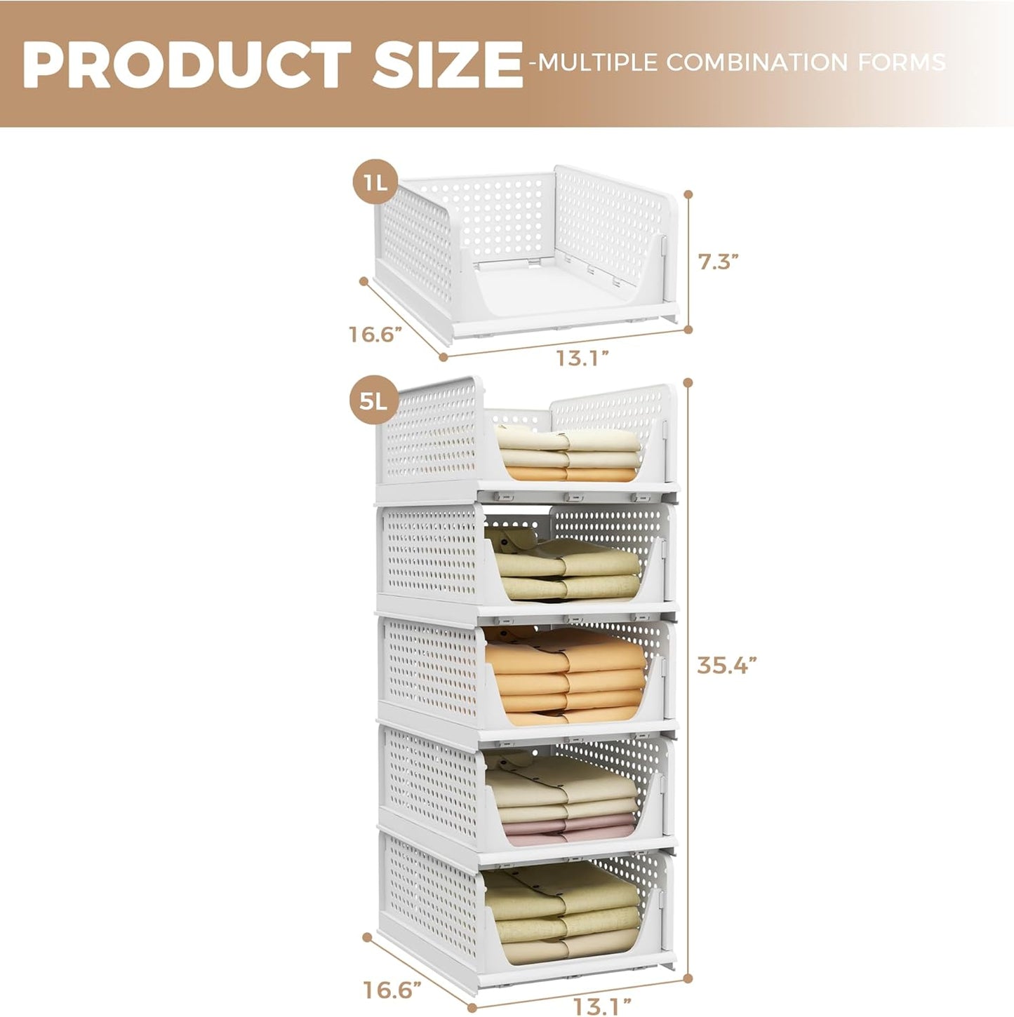 Pinkpum 5 Pack Stackable Plastic Storage Closet Organizers and Storage Bins Drawer Shelf Storage Container for Wardrobe Cupboard Kitchen Bathroom Office White