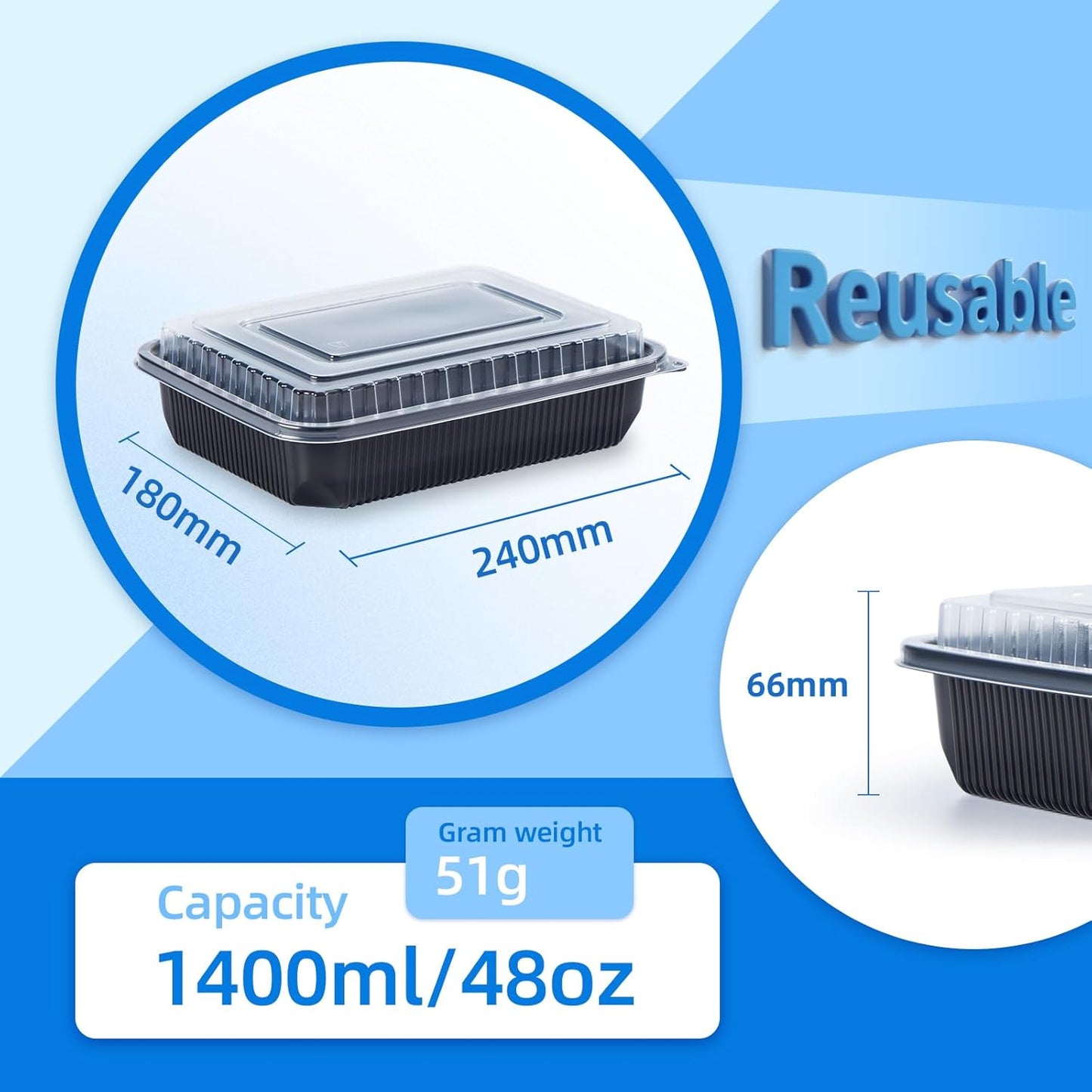 YANGRUI Plastic Containers with Lid 40 Pack 48 oz - Reusable Shrink Wrap Leak Proof Takeout | Flexible Pure PP BPA Free Food Container | Dishwasher & Microwave Safe Restaurant Meal Prep Food Container