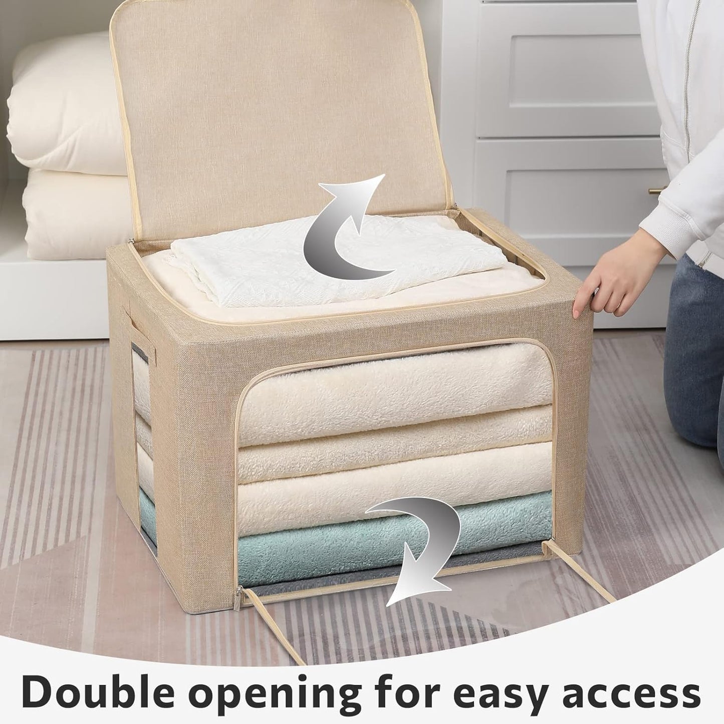 FHSQX Extra Large Clothes Storage Bins Foldable Metal Frame Storage Box Stackable Linen Fabric Box Organizer Set with Carrying Handles and Clear Window (Beige, 23.6x 16.5x 15.7 Inch)