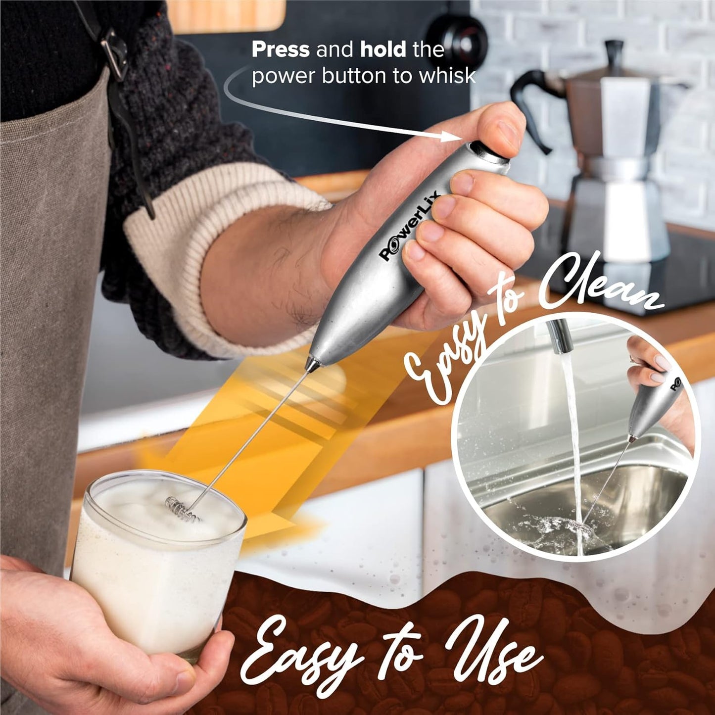 PowerLix Powerful Handheld Milk Frother With Stand Battery Operated Foam Maker Frother Wand For Coffee (A Black) (Silver)