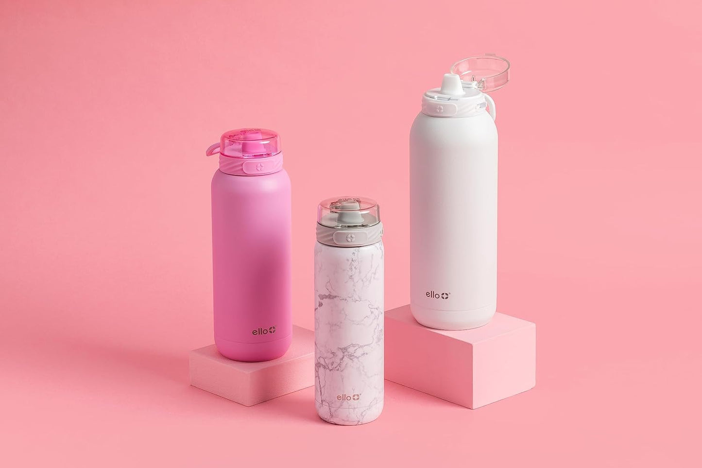 Ello Cooper 40oz Stainless Steel Water Bottle with 2 Lids Chug and Straw | Leak Proof | Double Walled and Vacuum Insulated | Built in Carry Loop | Dishwasher Safe | White