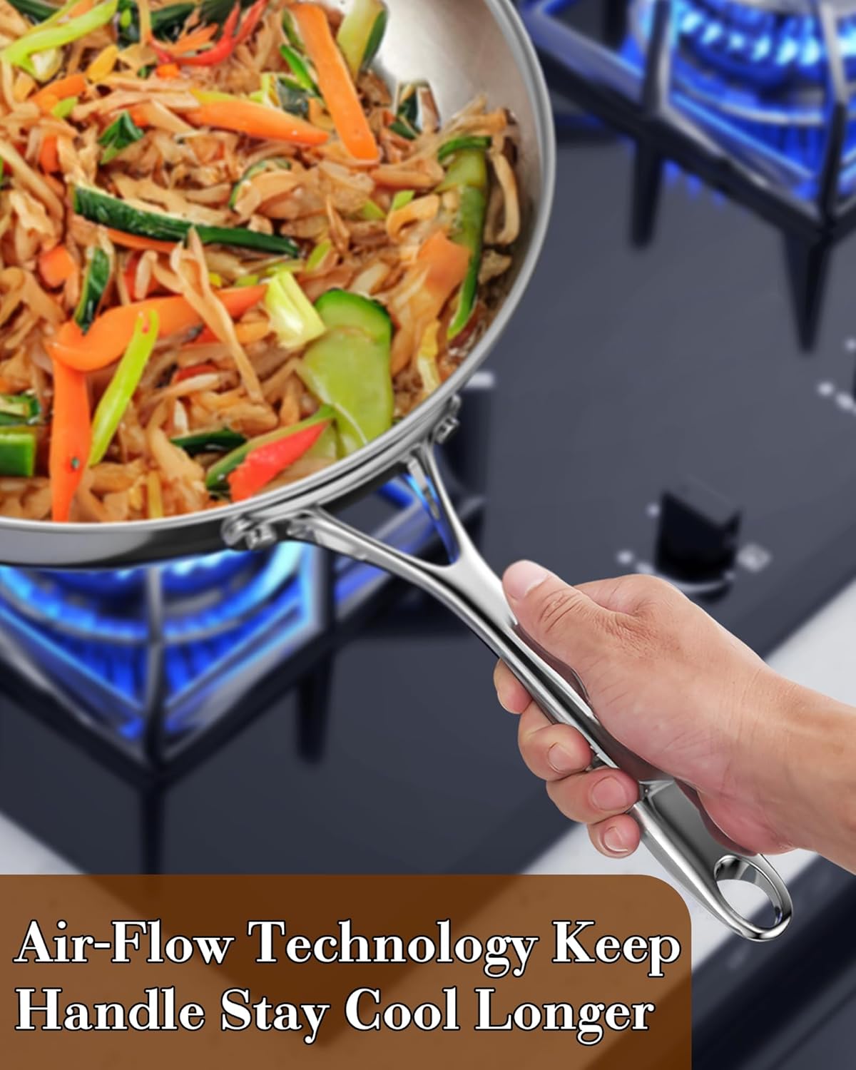 Cooks Standard Wok Pan Stainless Steel, 12-Inch Multi-Ply Clad Stir Fry Pan with Glass Lid, Induction Cookware, Silver