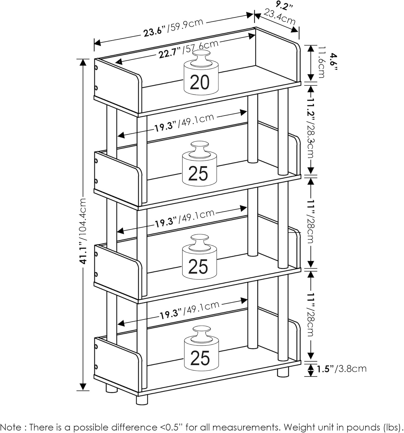 Furinno TURN-N-TUBE 4-Tier Display Shelf, Storage Shelves, Book Shelf, Open Shelves with Rounded Corner Top Edges, for Organization and Storage, Living Room, Home Office, Espresso