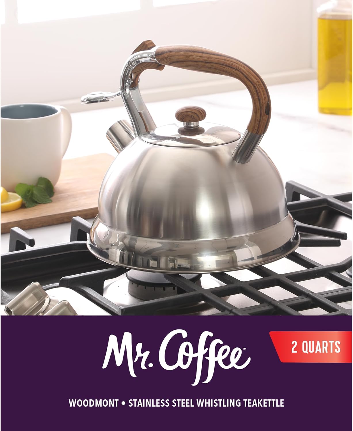 Mr. Coffee Woodmont 2-Quart Stainless Steel Tea Kettle With Wood Handle, Stovetop Whistling Kettle, Durable Fast-Boil Tea Pot