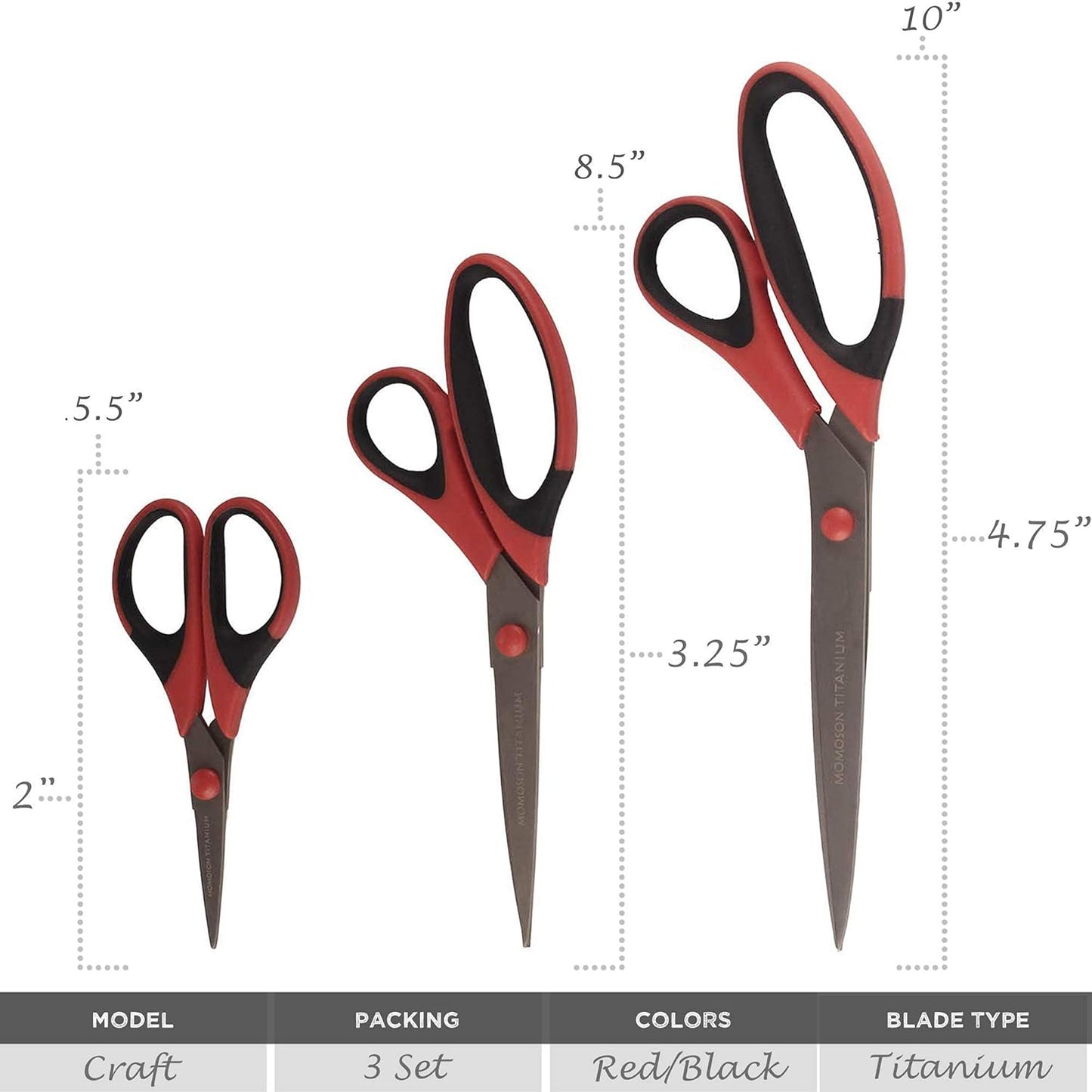 BambooMN Titanium Softgrip Scissors Set for Sewing, Arts, Crafts, Office - 1 set of 3 - Red w/Black Inlays
