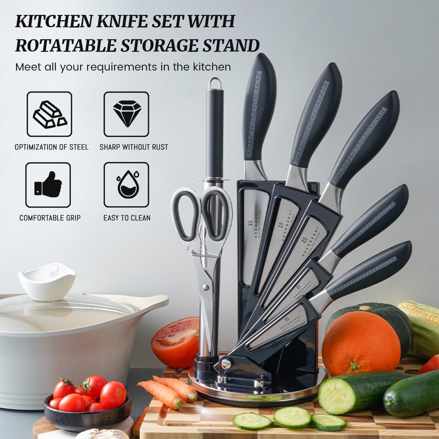 Kitchen Knife Set, Retrosohoo 8-Piece Grey Sharp Non-Stick Coated Chef Knives Block Set,Stainless Steel Knife Set for Kitchen with Sharpener for Cutting Slicing Dicing Chopping (Grey)