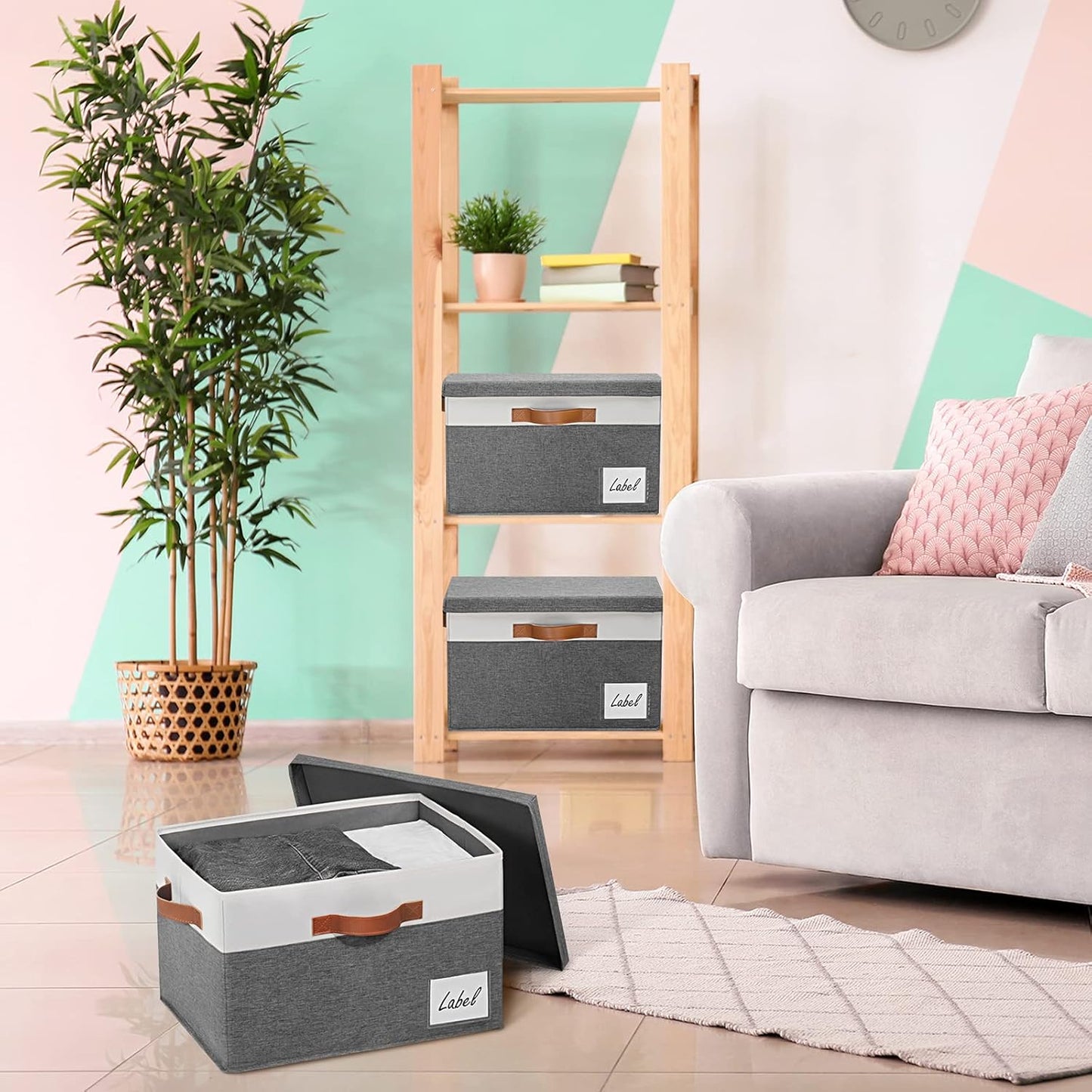 GhvyenntteS 6 Pack Fabric Storage Bins with Lid, Large Closet Storage Bins with Lid and 3 PU Handles, Foldable Fabric Storage Boxes with Label Window for Home Bedroom Office (Grey, Large)