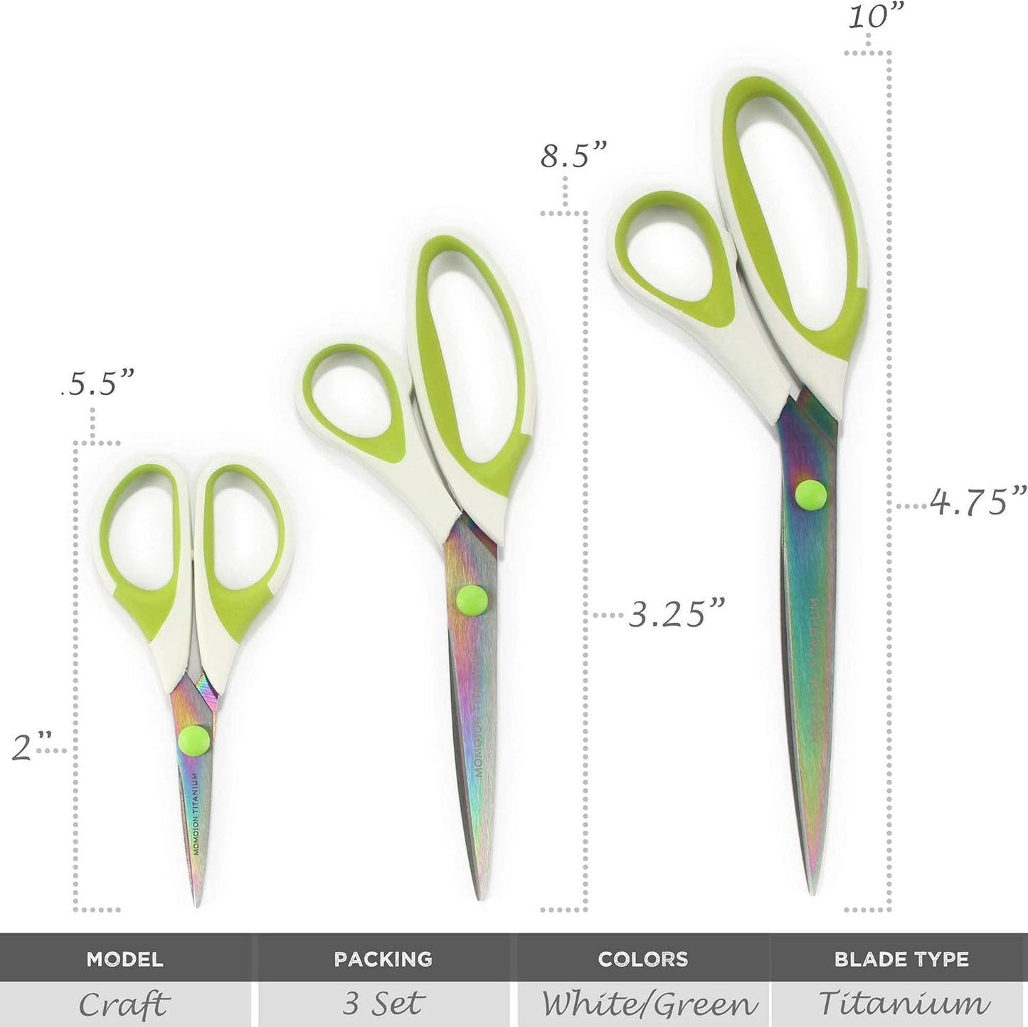 BambooMN Titanium Softgrip Scissors Set for Sewing, Arts, Crafts, Office - 1 Set of 3 - White w/Green Inlays