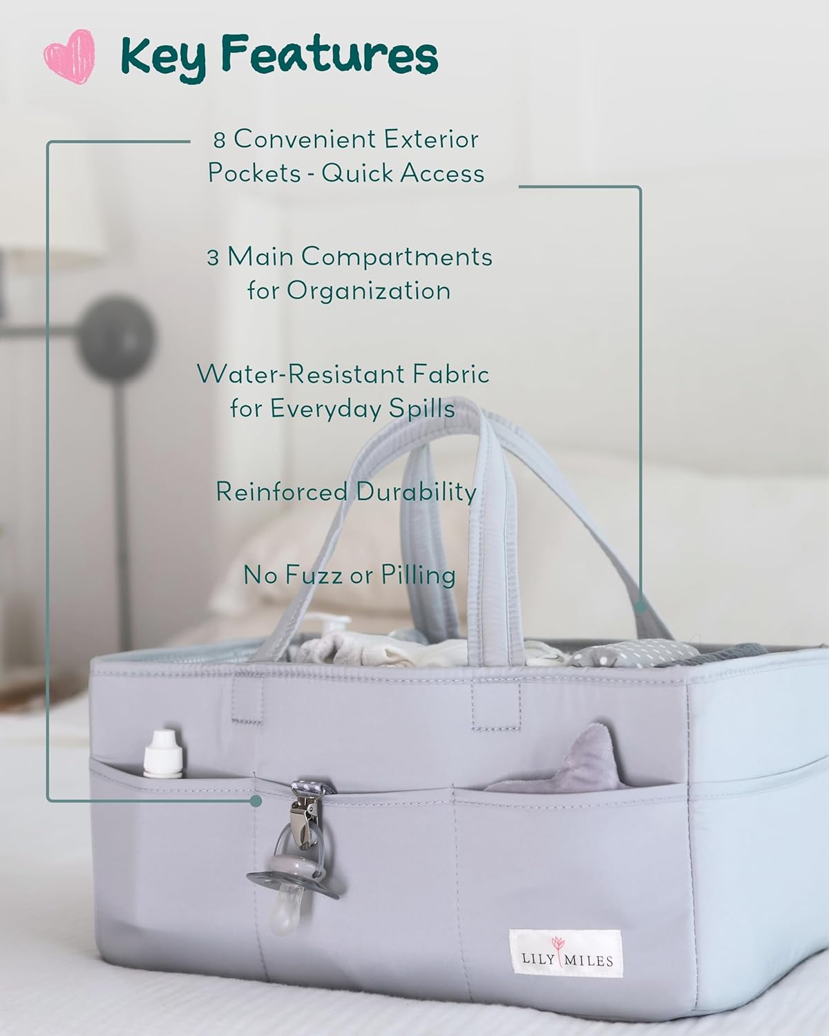 Lily Miles Diaper Caddy Organizer with 8 Pockets, Wipeable Baby Caddy Basket for Diapers and Wipes, Baby Registry Favorites, Nursery Tote Bag for Changing Table or Car (Heather Grey, Large)