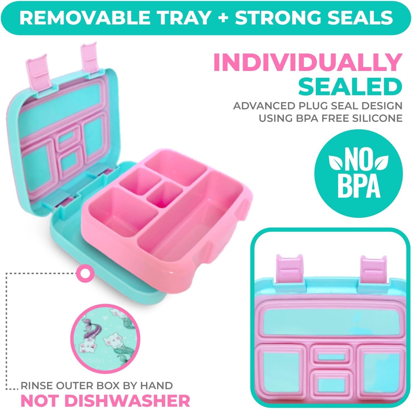 Kinsho Bento Lunch Box for Kids Toddlers, 5 Portion Control Sections, BPA Free Removable Plastic Tray, Pre-School Kid Toddler Daycare Lunches, Snack Container Ages 3 to 7 (Aqua Cat Mermaid)