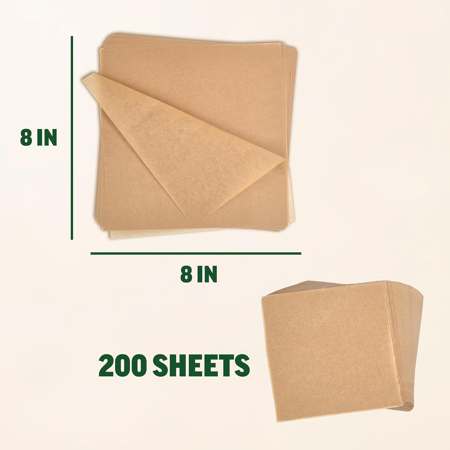Zenlogy 8x8 Parchment Squares (200 sheets) - Unbleached, Non-stick, Pre-cut Parchment Paper - Fits 8x8 Brownie Square Pans and Toaster Oven Trays, and Air Fryer - Great for Wraps, Baking, Roasting